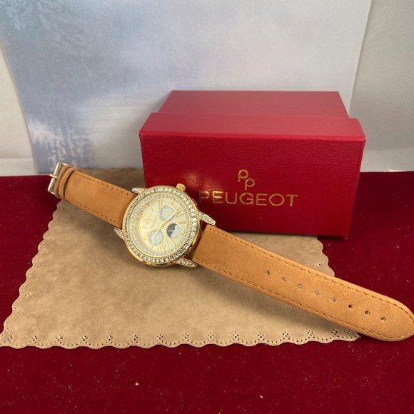 Stunning in Tan and Gold Crystal Bezel Peugeot Moonphase Watch - Picture 3 of 8